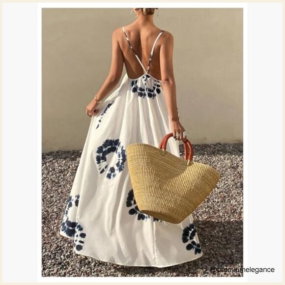 Boho Floral Backless Maxi Dress Tie Front Deep V Neck Sleeveless A Line - Picture 2 of 5